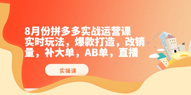 8月份拼多多实战运营课，实时玩法，爆款打造，改销量，补大单，AB单，直播-优学网